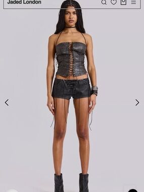 Jaded London Black Faux Leather Lace-Up Short Shorts. Size 26